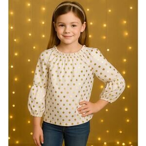 Crewcuts Elaine Bubble Sleeve Blouse with Shiny Gold Polka Dots | Girls Size 10